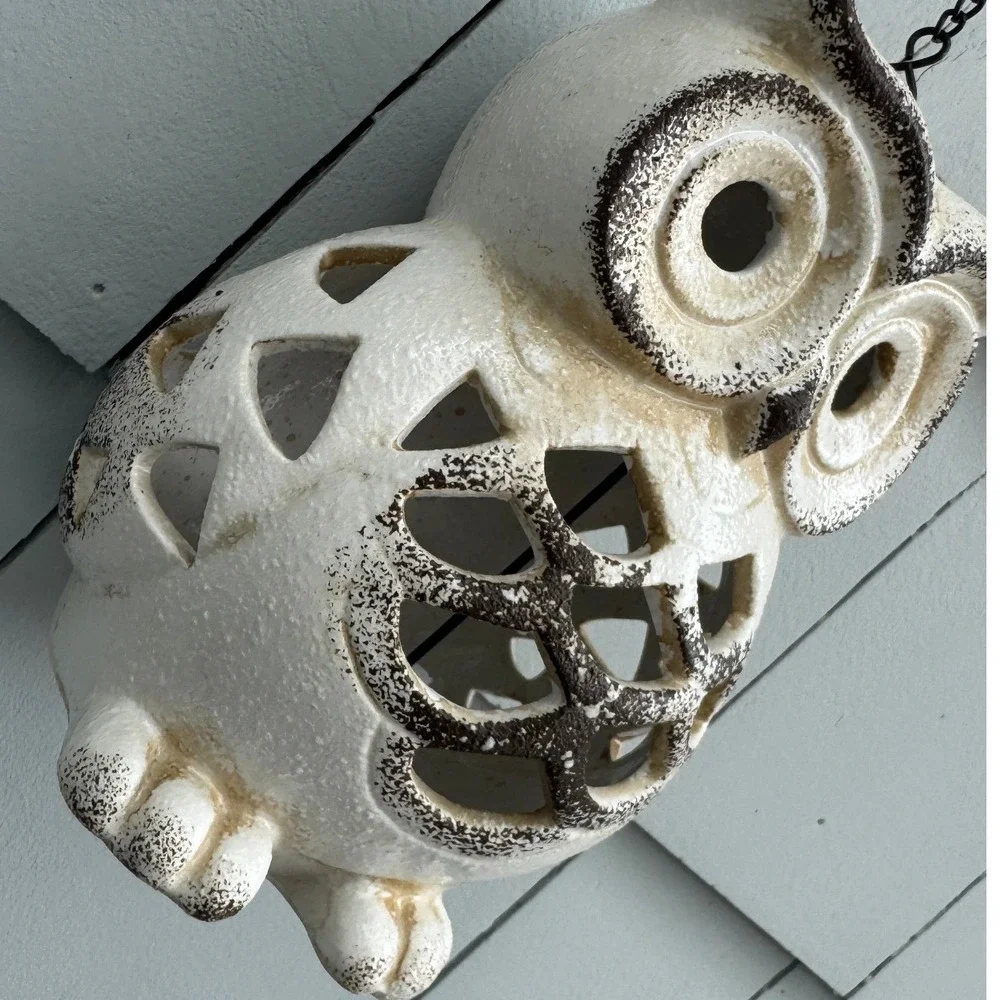 Vintage Style White Textured metal Hanging Owl Lantern Tea Light 7